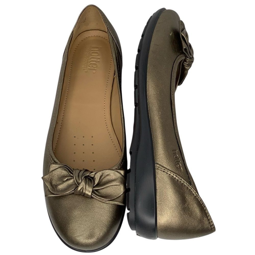 Hotter Shoes Jewel Bronze Metallic Bow Slip-On Comfort Ballet Flats Shoes Sz 10